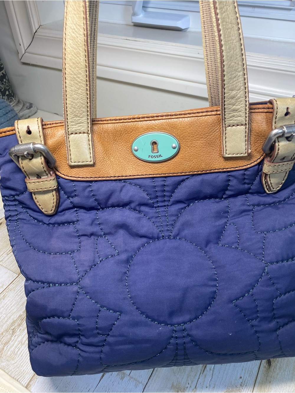 Fossil Navy Quilted Tote with Tan and Cream Trim “Key-Per”
